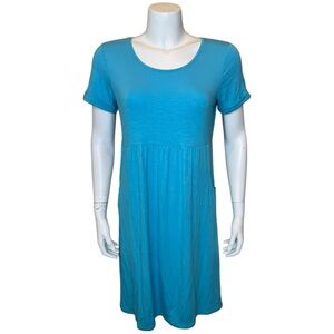 J Jill Shift Dress XS Short Sleeve Scoop Babydoll Empire Waist Aqua Blue